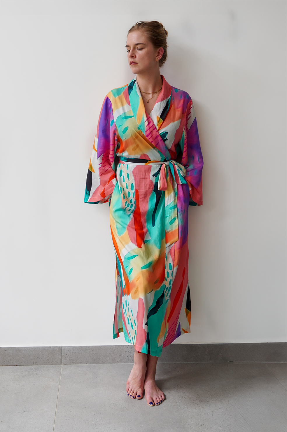 Sustainable luxury silk-like dressing gown made from Tencel Modal fabric. This is a soft and breathable fabric which drapes beautifully. Model is in a size medium 